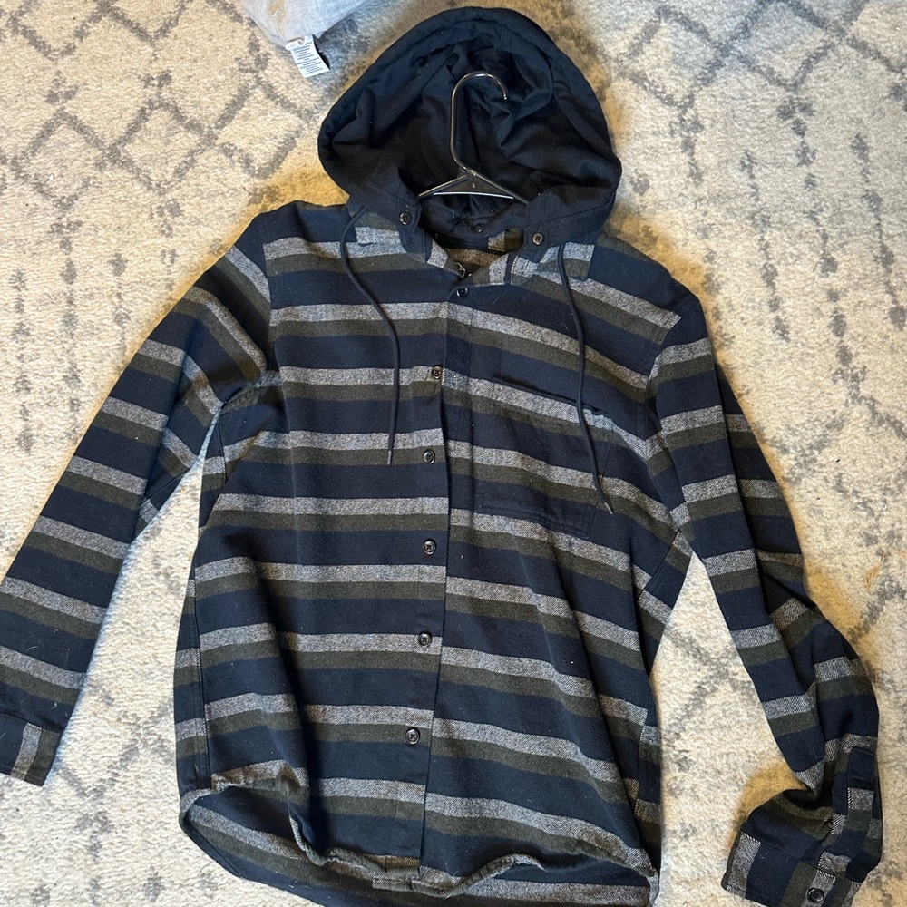 Flannel like Button up Shirt with Hood